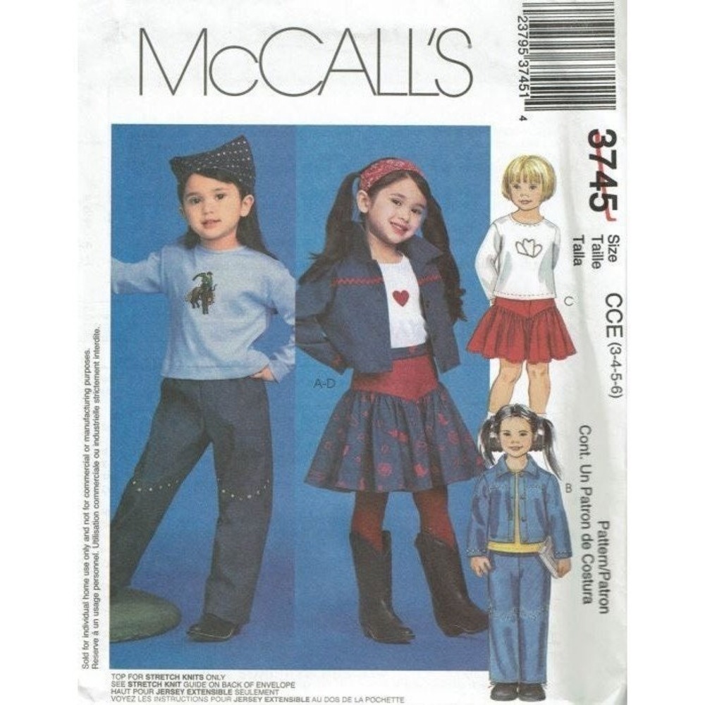 McCalls Sewing Pattern 3745 Jacket Top Pants Skirt‎ Girls Size 3-6